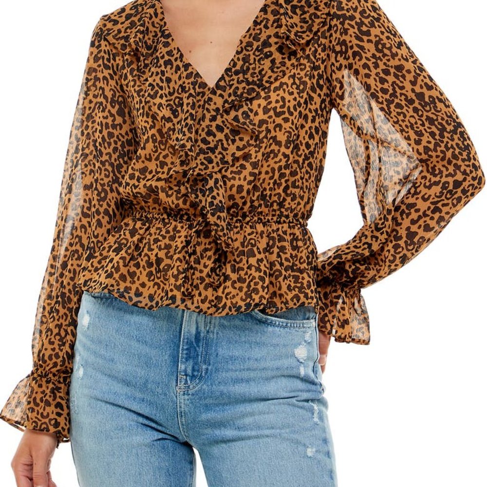 Wayf cheetah ruffle cropped v-neck blouse